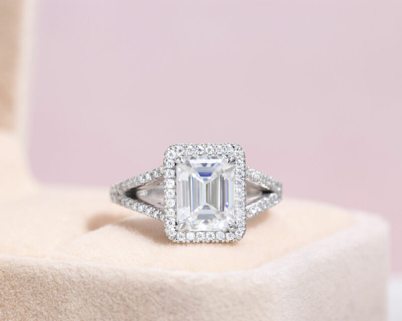 Moissanite Halo Emerald Cut 2.70 Ct Engagement Ring 14k White Gold D/VVS2