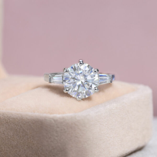 2.40 Ct Round Moissanite Engagement Ring 14K White Gold D/VVS2 Baguette