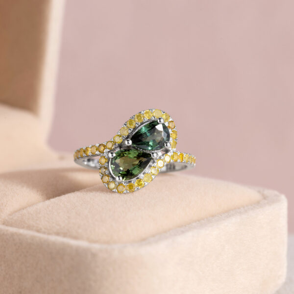 2.35 Green Sapphire & Natural Fancy Vivid Yellow Diamond 14k White Gold Ring