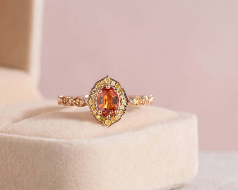 1.45 Ct Orange Sapphire & Natural Diamond Ring 14k Rose Gold Oval SI2-I2 Real