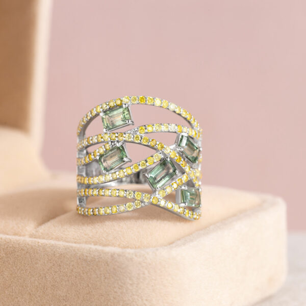 3.75 Ct Green Sapphire & Natural Vivid Yellow Diamond 14k White Gold Ring SI3-I2