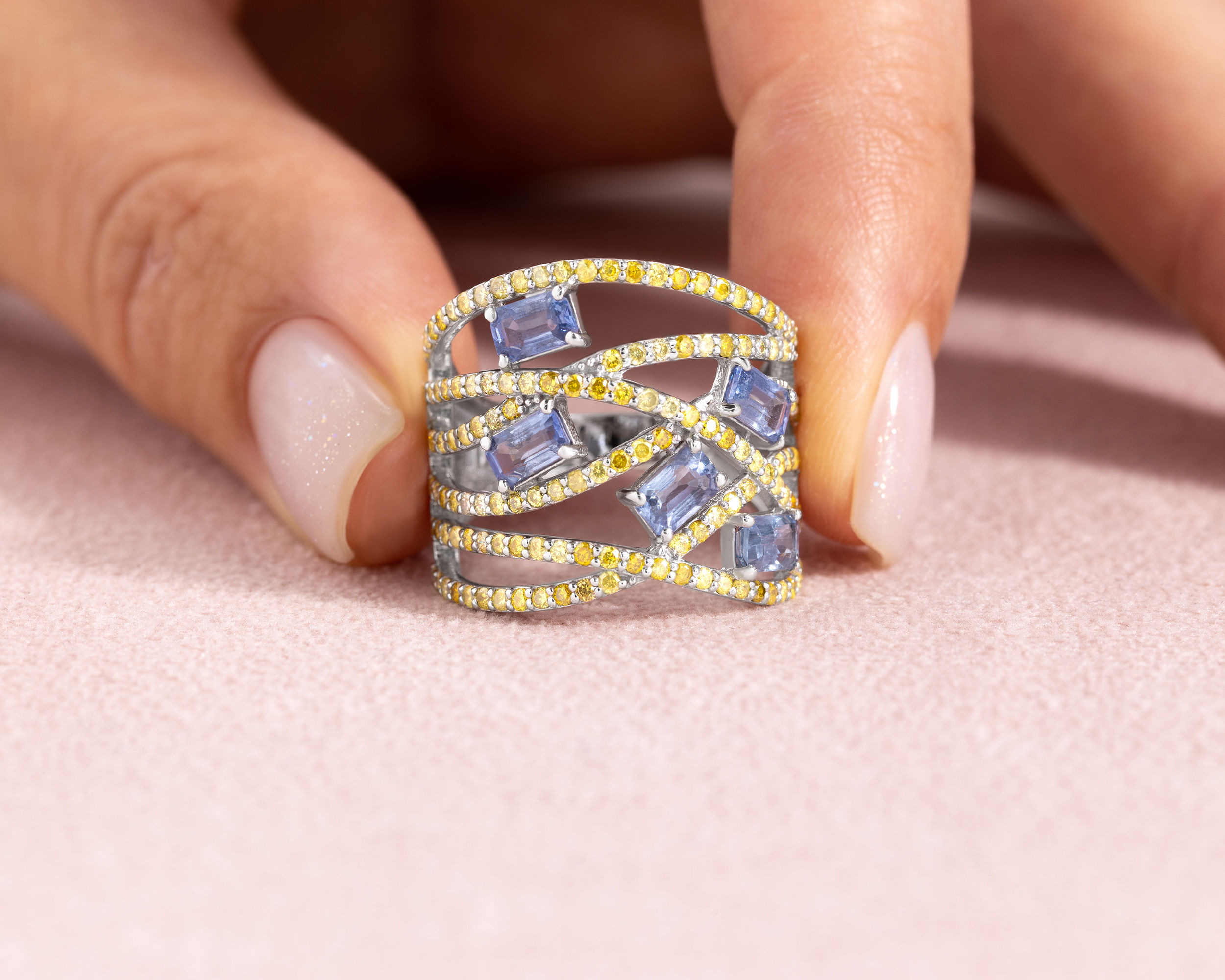 3.74 Carat Blue Sapphire & Vivid Yellow Diamond 14k White Gold Natural SI1-I2 - Image 5