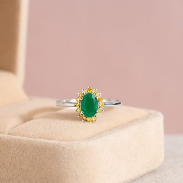 1.05 Ct Green Emerald & Natural Vivid Yellow Diamond SI1-I2 14k White Gold Ring