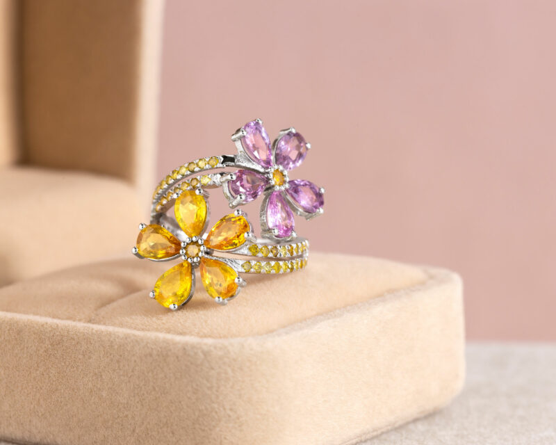 6.65 Ct Sapphire & Natural Vivid Yellow Diamond 14k White Gold Ring SI1-I2