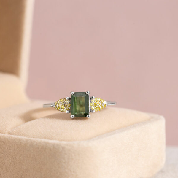 Real Green Sapphire and Diamond Ring 1.45 Ct Emerald Cut 14k White Gold Ring
