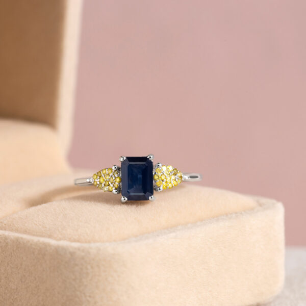 1.70 Ct Blue Sapphire & Diamond Ring Solid 14k White Gold Emerald Cut SI1-I2