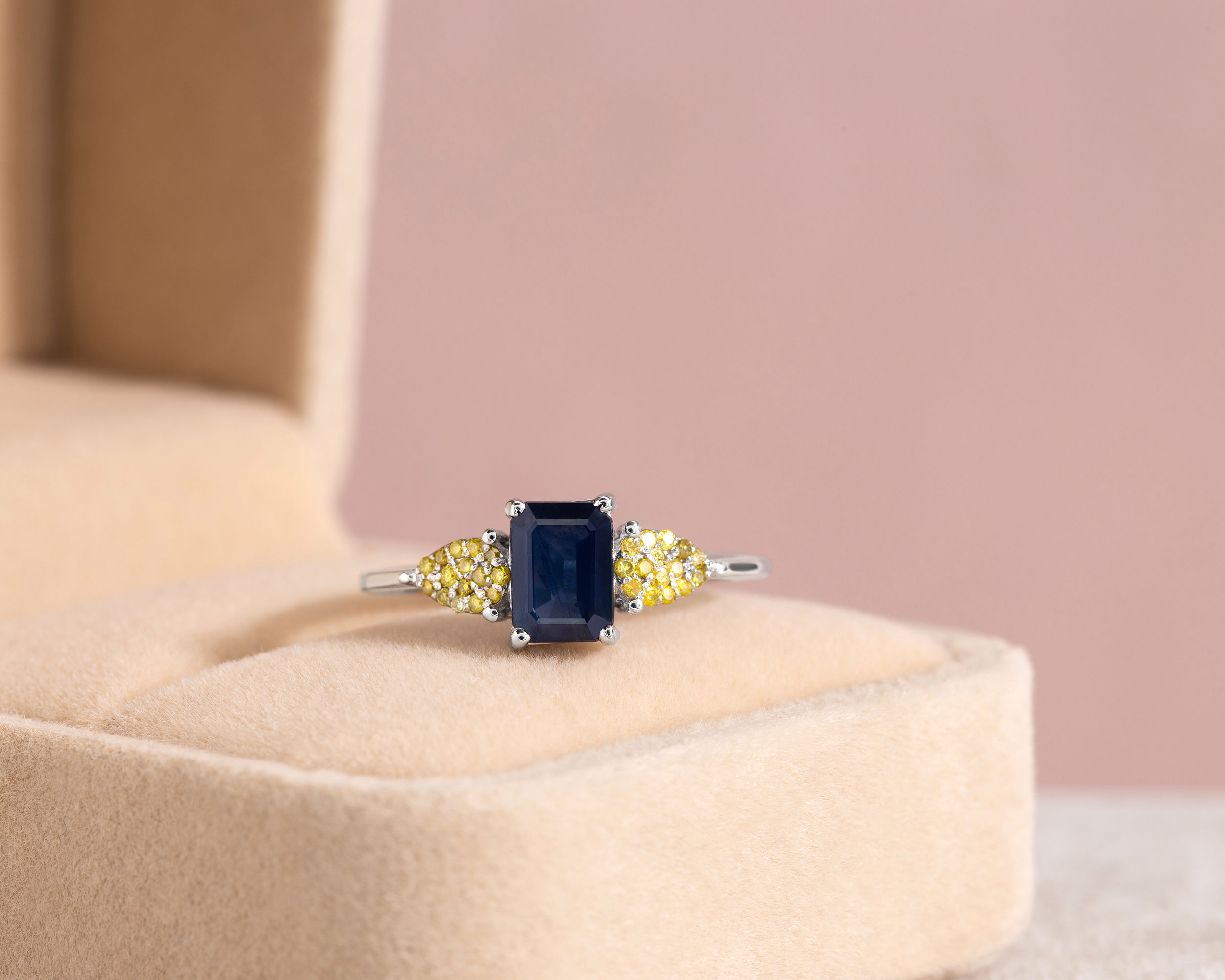 1.70 Ct Blue Sapphire & Diamond Ring Solid 14k White Gold Emerald Cut SI1-I2