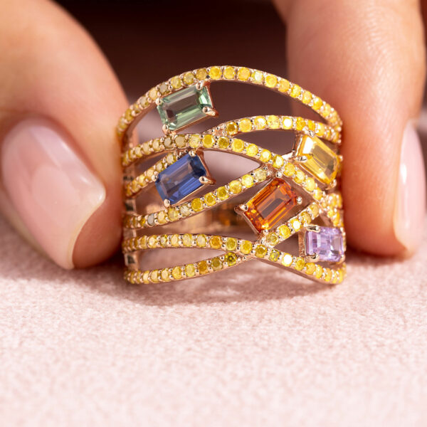 3.96 Ct Sapphire Mix Colors & Fancy Vivid Yellow Diamond 14k Rose Gold Ring