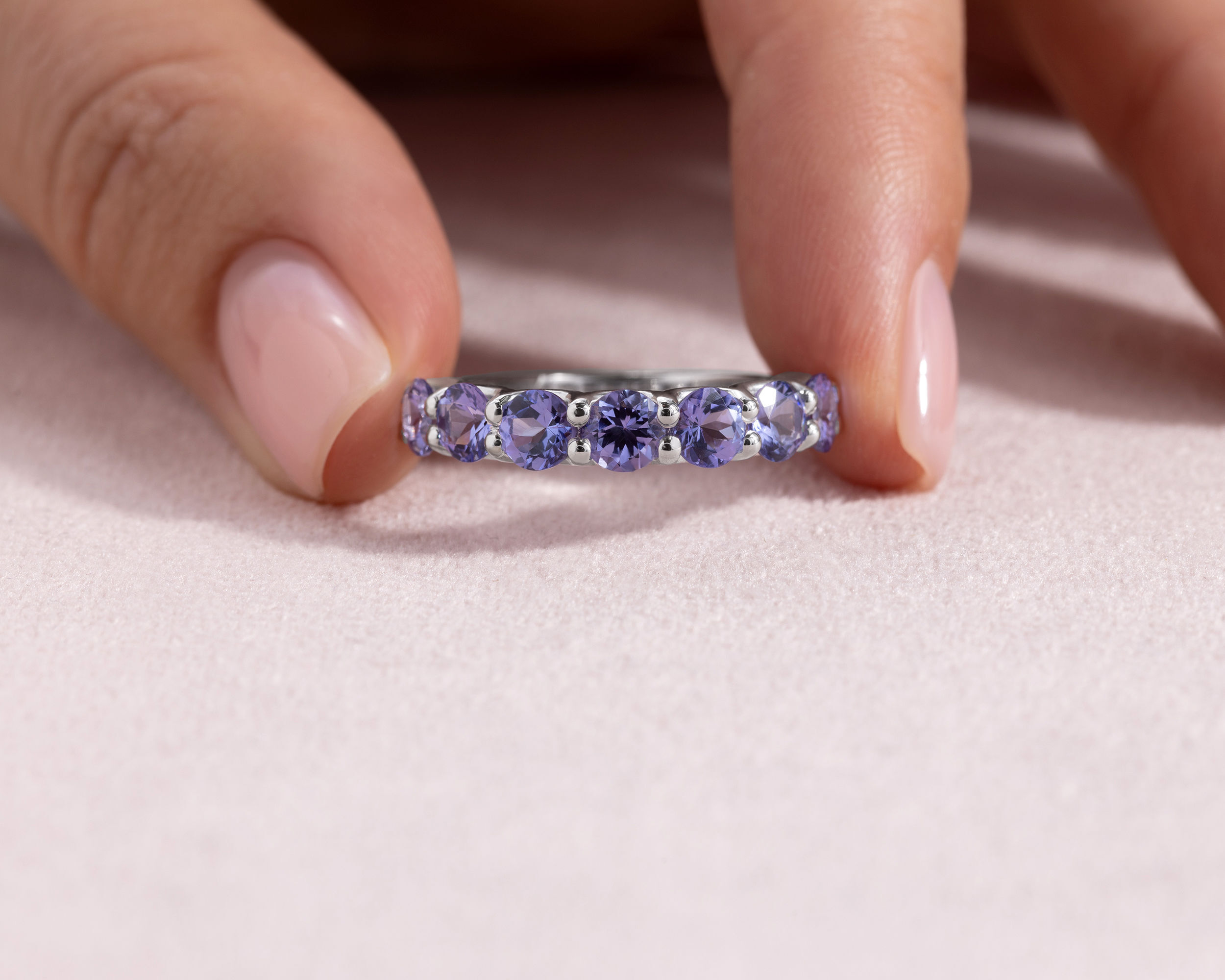 3.42 Ct Natural Purplish Blue Tanzanite Round 14k White Gold Half Eternity Ring
