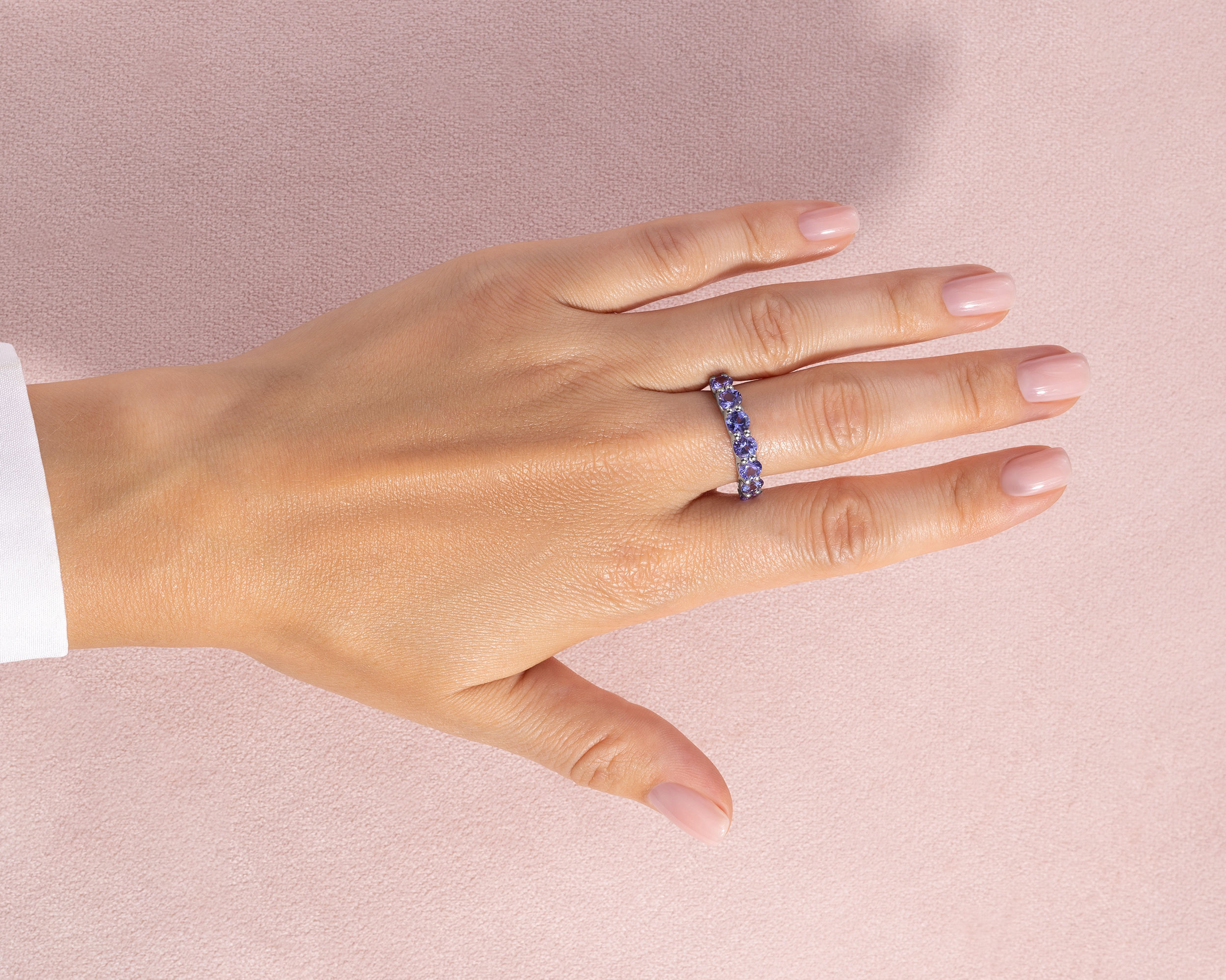 3.42 Ct Natural Purplish Blue Tanzanite Round 14k White Gold Half Eternity Ring - Image 5