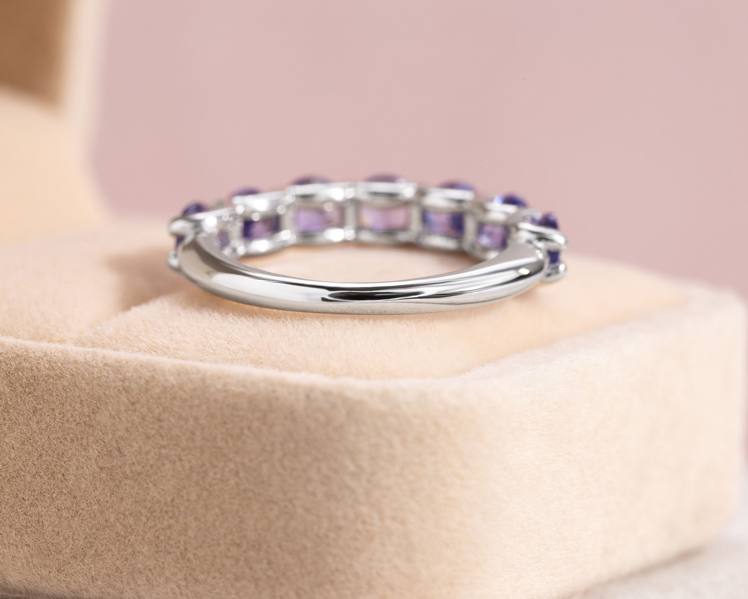 3.42 Ct Natural Purplish Blue Tanzanite Round 14k White Gold Half Eternity Ring - Image 6