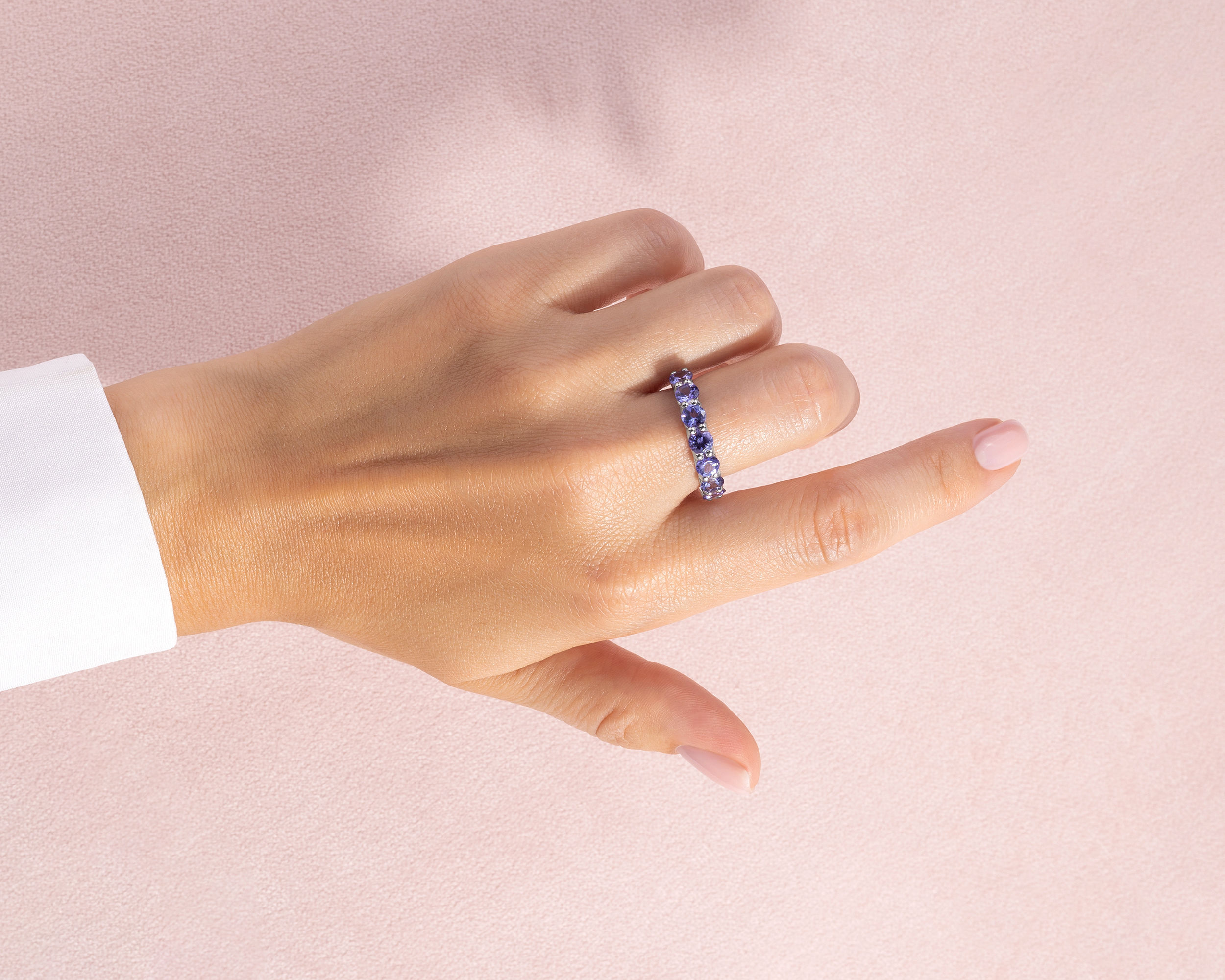 3.42 Ct Natural Purplish Blue Tanzanite Round 14k White Gold Half Eternity Ring - Image 4