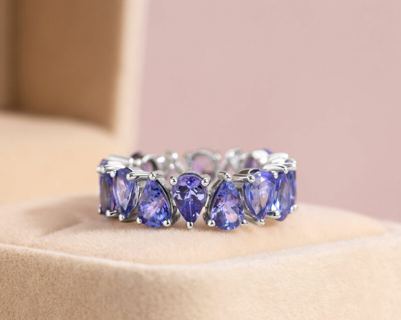 7.82 Ct 14k White Gold Pear Cut Purplish Blue Tanzanite Eternity Stackable Ring