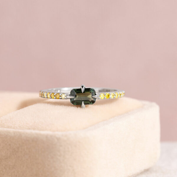 1.15 Ct Green Sapphire & Diamond Ring in 14k White Gold Emerald Cut Transparent