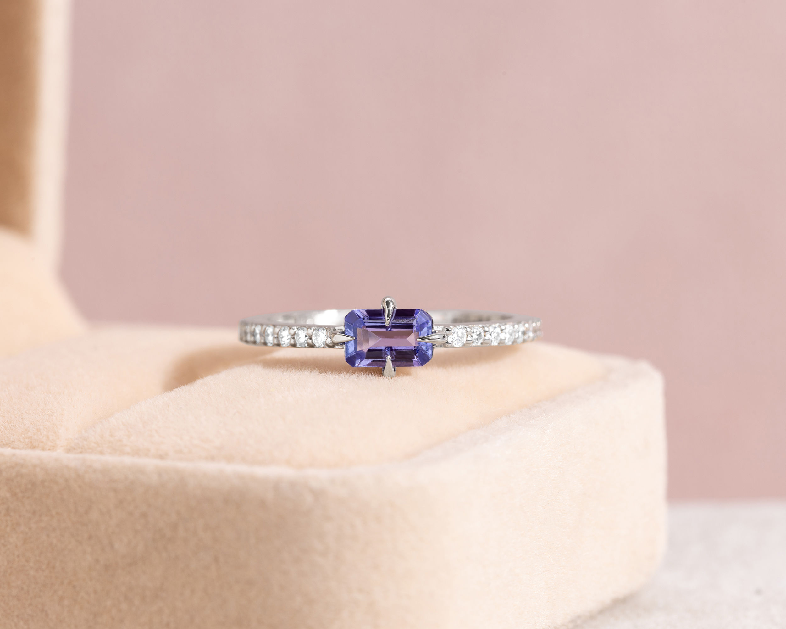 Purple Tanzanite & Natural Diamond Ring 0.97 Ct 14k White Gold Emerald E-H/VS2-SI2