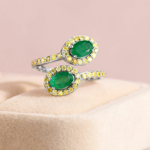 1.70 Emerald Green & Diamond Ring in 14k White Gold Oval Halo Bypass Transparent