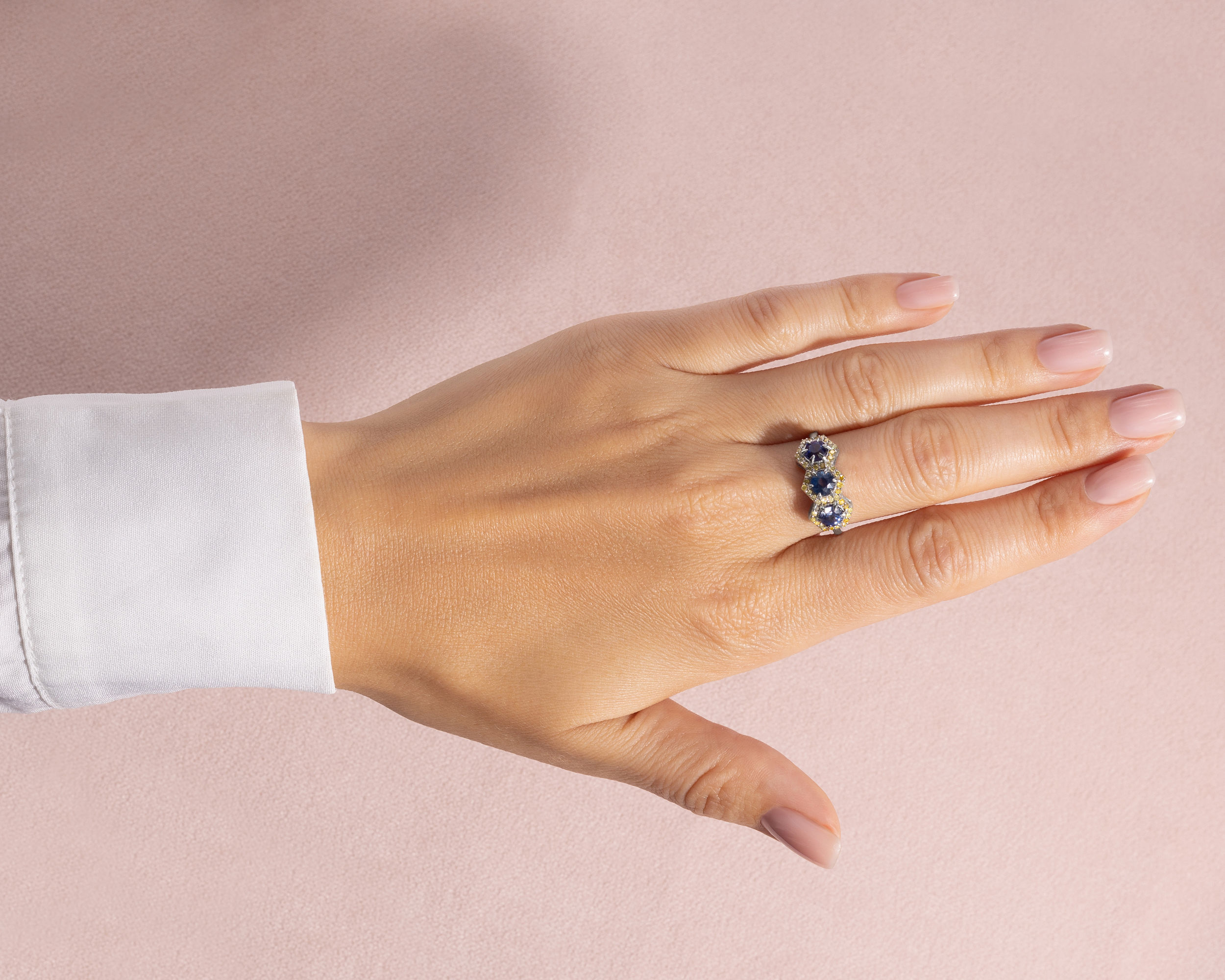 2.40 Ct Blue Sapphire & Natural Diamond 3 Stone Ring 14k White Gold Round SI1-I2 - Image 6