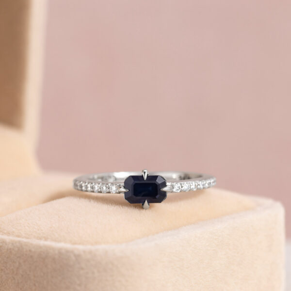 1.20 Ct Blue Sapphire & Natural Diamond Ring 14k White Gold Emerald Cut VS1-SI1