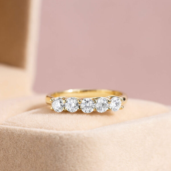 1 Ct F/VS1-VS2 Lab Diamond Round 5 Stone 14k Yellow Gold Engagement Ring