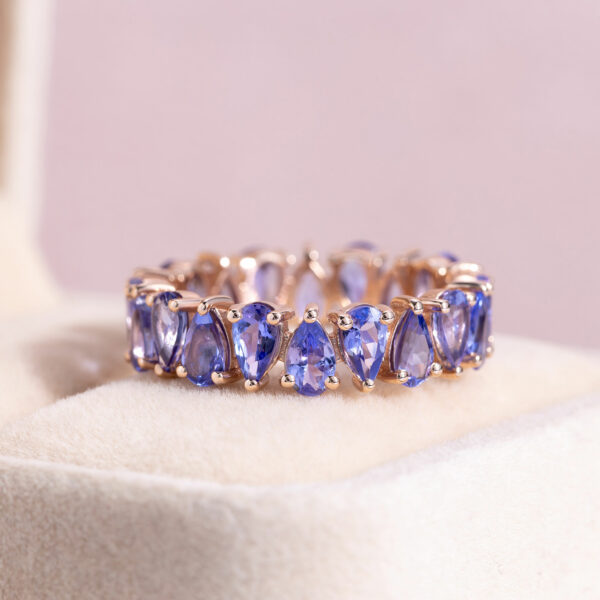 5.42 Ct Blue Pear Tanzanite Eternity Ring 14k Solid Rose Gold Transparent Real