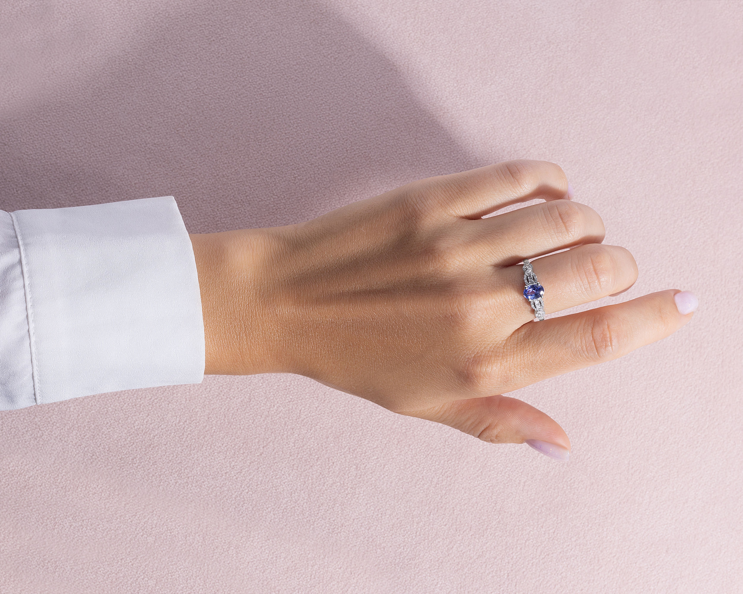 1.02 Ct Bluish Purple Tanzanite & Faint-Light Pink Diamond 14k White Gold Ring - Image 7