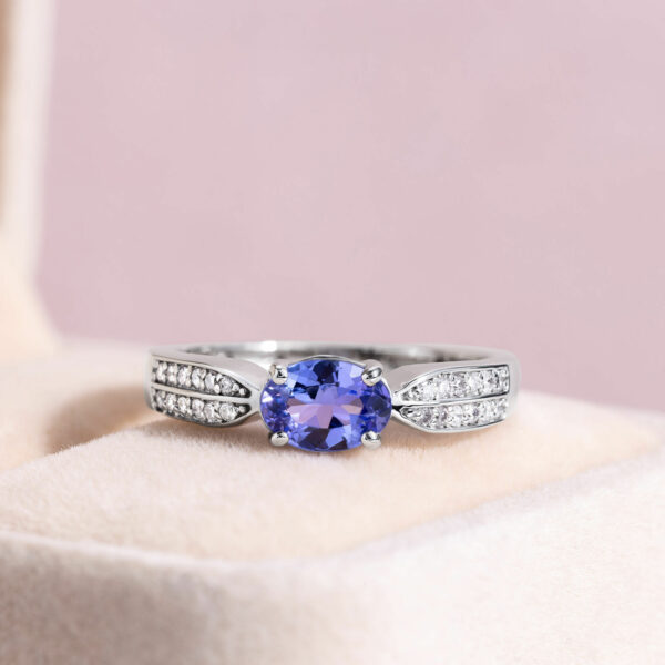Blue Tanzanite & Natural Faint-Light Pink Diamond 0.98 Ct 14K White Gold Ring