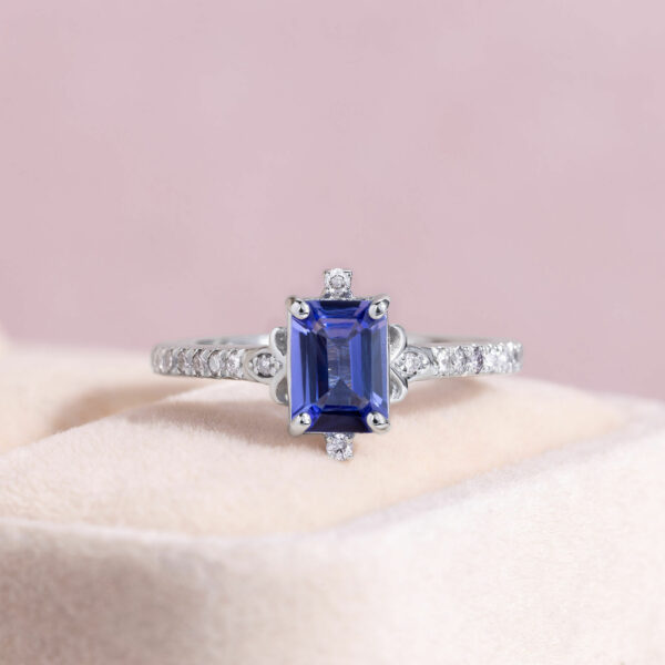 Blue Tanzanite & Natural Faint-Light Pink Diamond 1.25 Ct 14k White Gold Ring