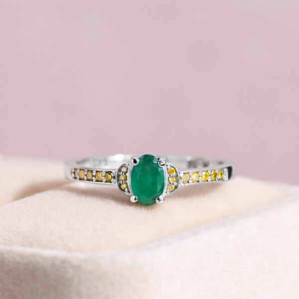 Green Oval Emerald & Natural Diamond Engagement Ring 0.65 Ct 14k White Gold Real