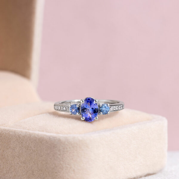 1.15 Ct Blue Tanzanite & Natural Faint-Light Pink Diamond 14k White Gold Ring