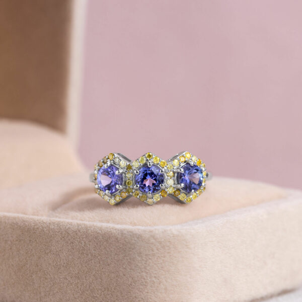 1.73 Ct Blue Tanzanite Natural Vivid Yellow Diamond SI2-I2 14k White Gold Ring