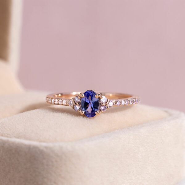 Natural Bluish Purple Tanzanite & Faint-Light Pink Diamond 0.72 Ct 14k Rose Gold Ring