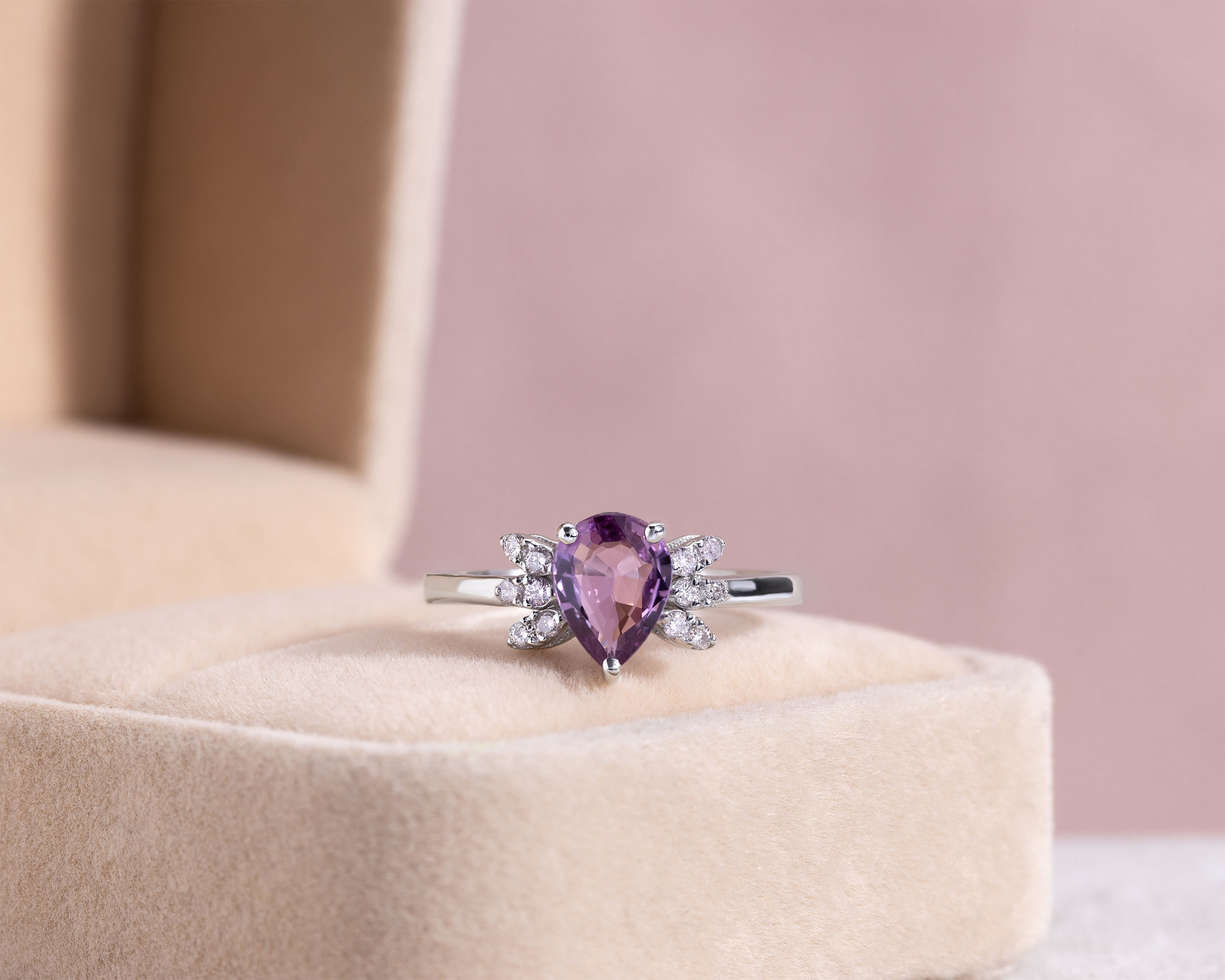 Pink Pear Sapphire & Faint-Light Pink Diamond 1.35 Carat 14k White Gold Ring