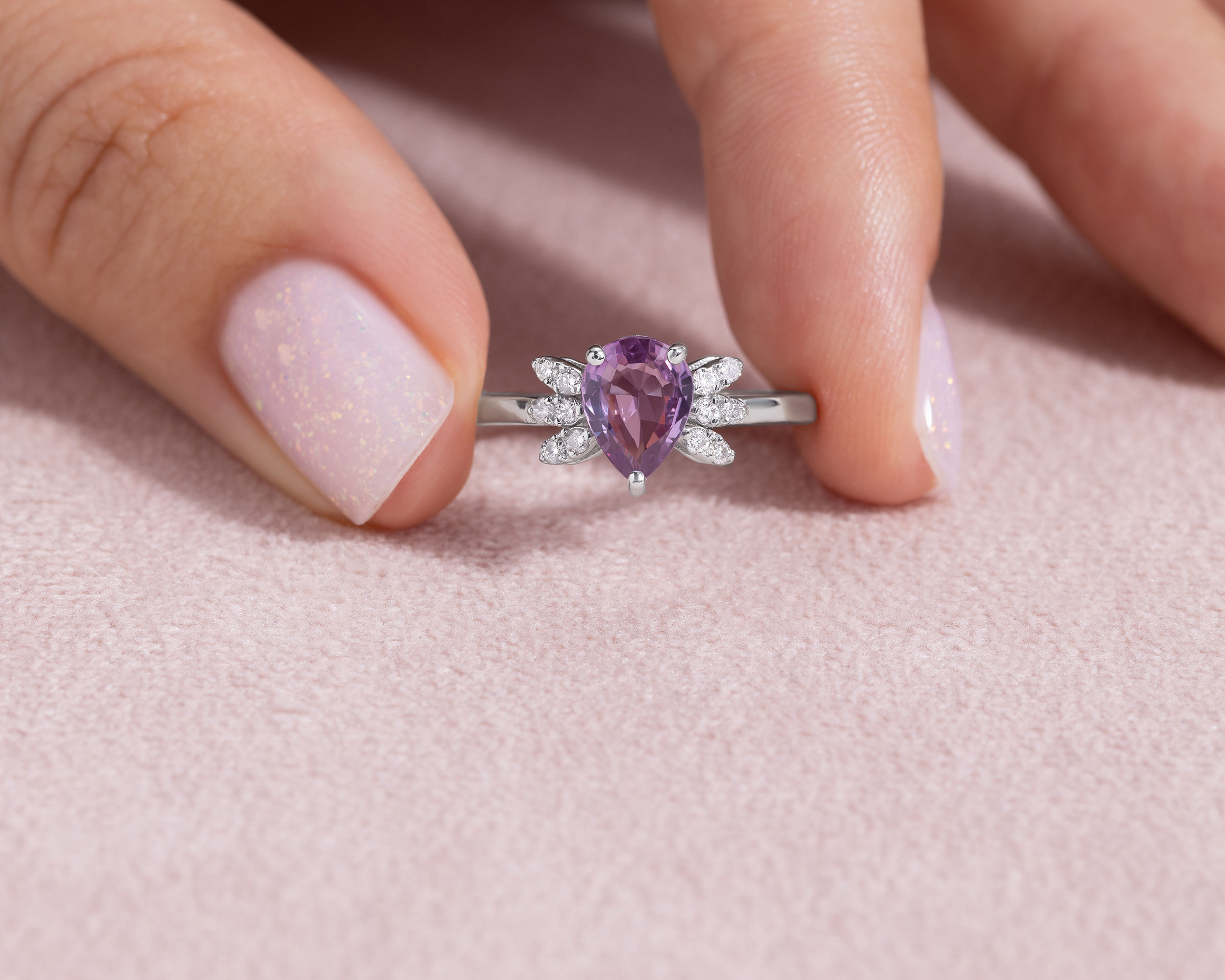 Pink Pear Sapphire & Faint-Light Pink Diamond 1.35 Carat 14k White Gold Ring - Image 5