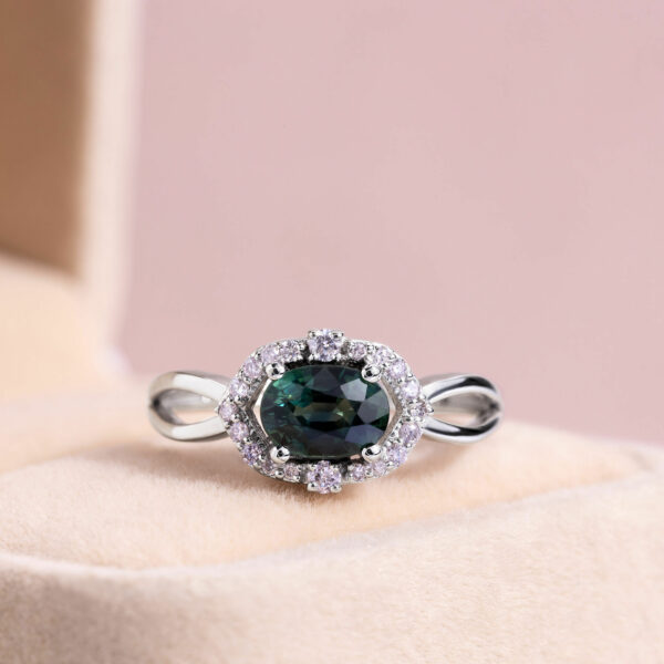 1.72 Ct Green Sapphire & Faint-Light Pink Diamond SI2-I1 14k White Gold Ring