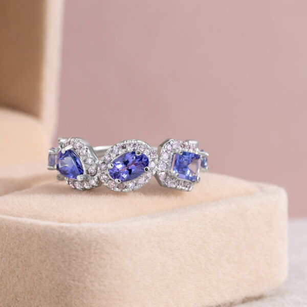 3.44 Carat Blue Tanzanite & Natural Sapphire Diamond Halo Ring in 14k White Gold