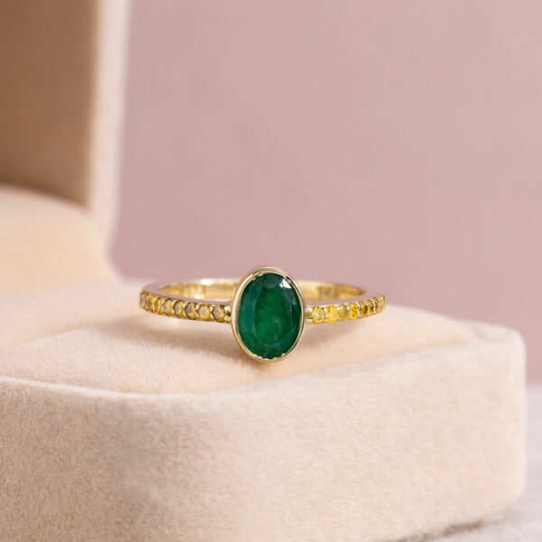 14k Yellow Gold Ring 1.30 Ct Green Emerald Oval & Natural Diamond  SI3-I2