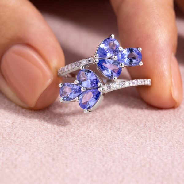 2.74 Ct Blue Tanzanite & Natural Faint-Light Pink Diamond SI2-I1 14k White Gold Ring