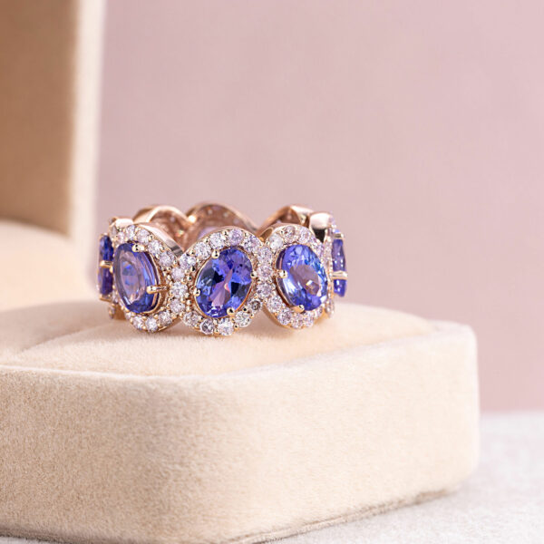 8.4 Ct Violetish Blue Tanzanite & Natural Diamond 14k Rose Gold Halo Eternity Ring