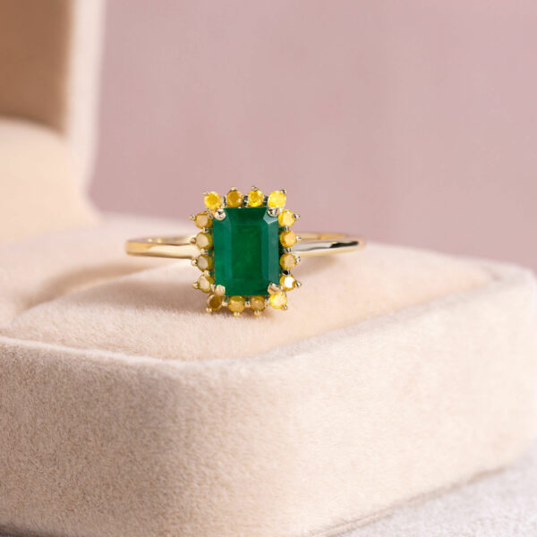 Green Emerald & Natural Vivid Yellow Diamond SI3-I2 1.3 Ct 14k Yellow Gold Ring