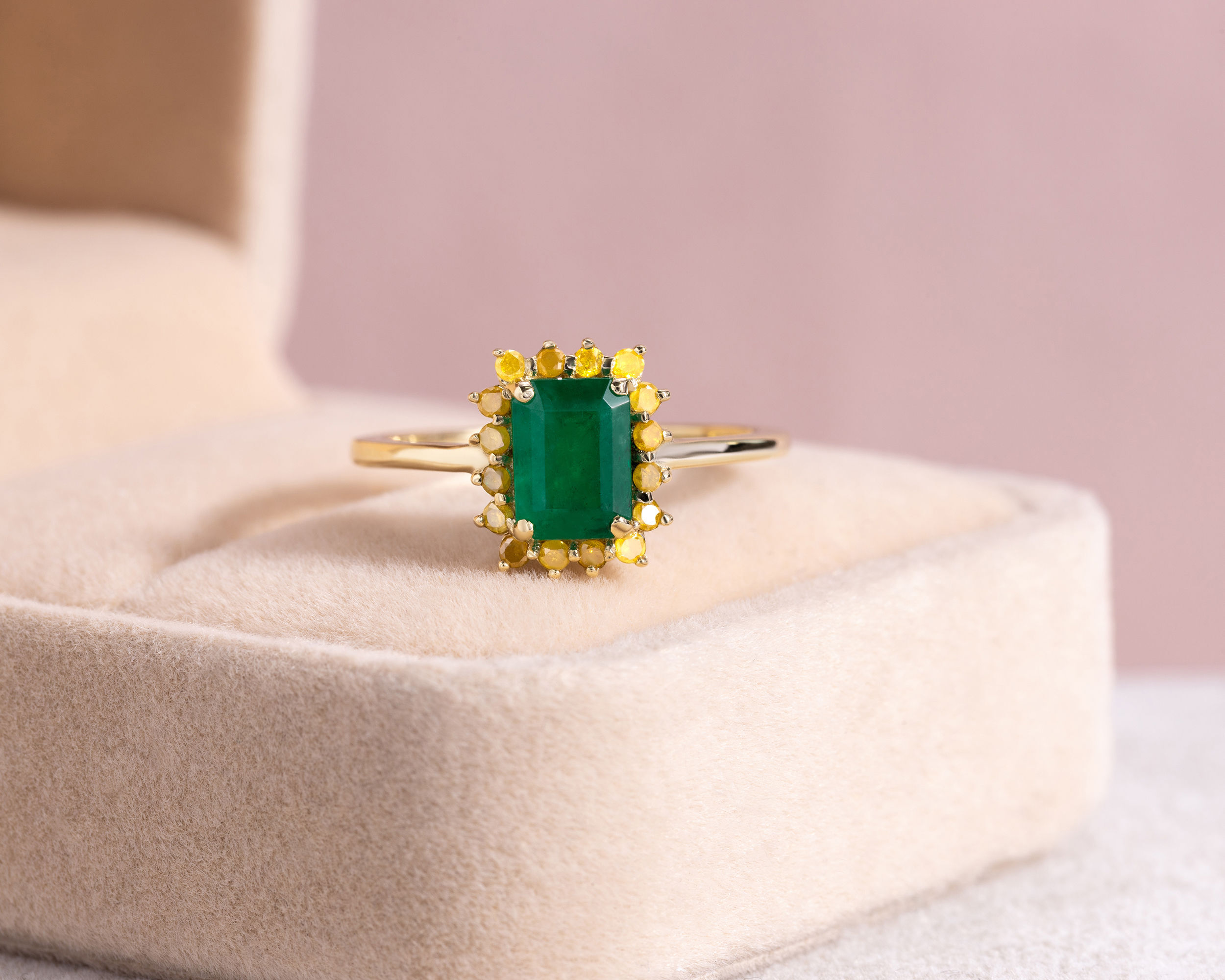 Green Emerald & Natural Vivid Yellow Diamond SI3-I2 1.3 Ct 14k Yellow Gold Ring