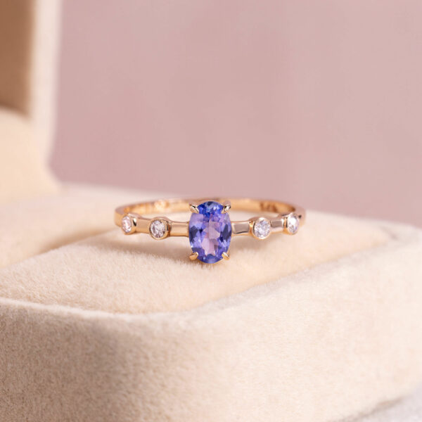 Blue Tanzanite & Natural Faint-Light Pink Diamond SI2-I1 0.60 Ct 14k Rose Gold Ring