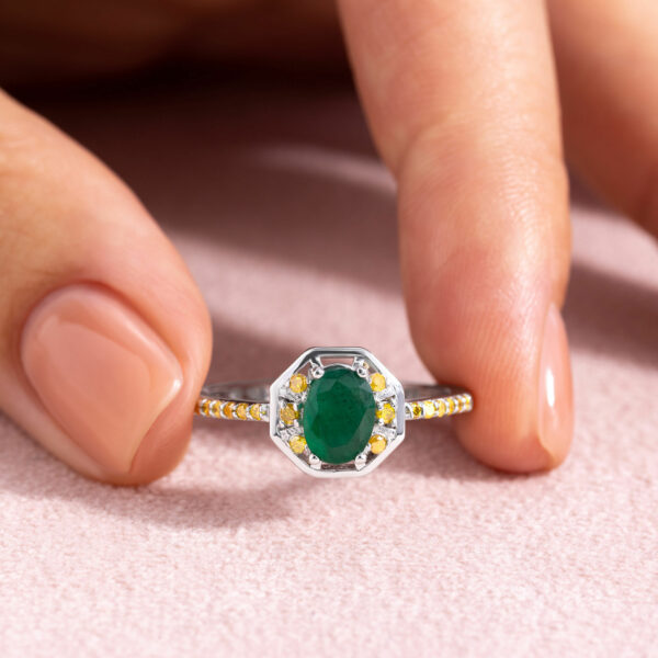 Green Emerald & Natural Fancy Vivid Yellow Diamond Ring 1.2 Ct 14k White Gold