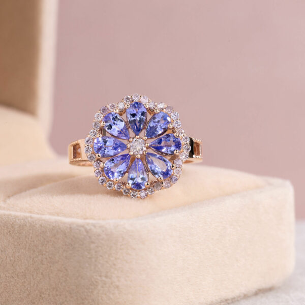 2.4 Carat Bluish Purple Tanzanite & Faint-Light Pink Diamond 14K Rose Gold Ring