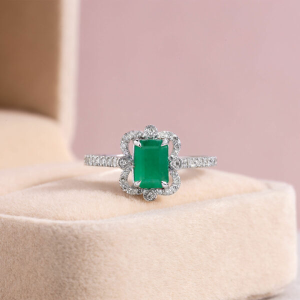 14k White Gold Ring Green Emerald & Natural Diamond Round 1.30 Ct E-G/VS1-SI2