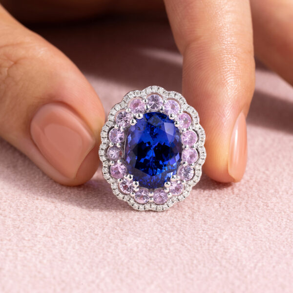 11.17 Ct Blue Tanzanite & Pink Sapphire & Natural Diamond 14k White Gold Ring