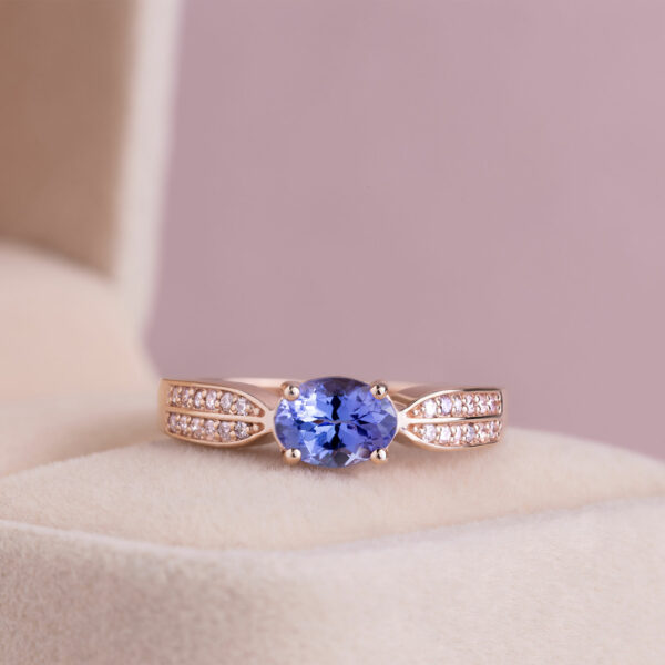 1.29 Blue Oval Tanzanite & Natural Diamond Ring 14k Rose Gold Faint-Light Pink SI2-I1
