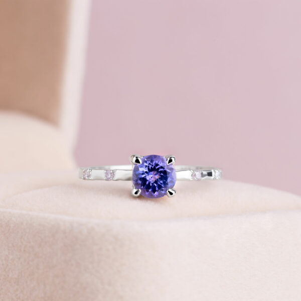 Bluish Purple Tanzanite Ring & Faint-Light Pink Natural Diamond 0.90 Ct 14k White Gold SI2-I1