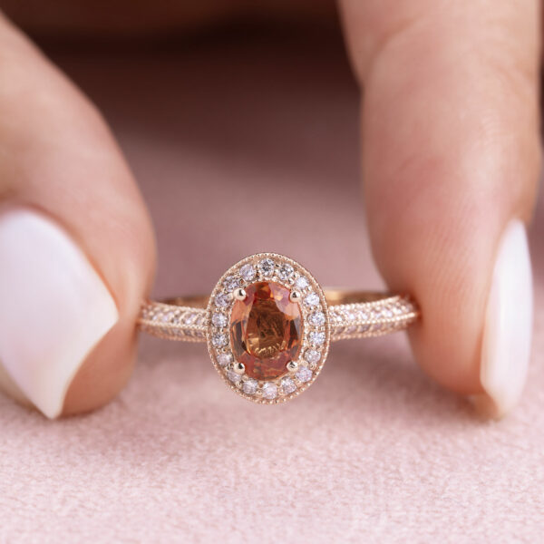 1.70 Ct Orange Sapphire & Natural Diamond Ring 14k Rose Gold Light Pink VS1-SI2
