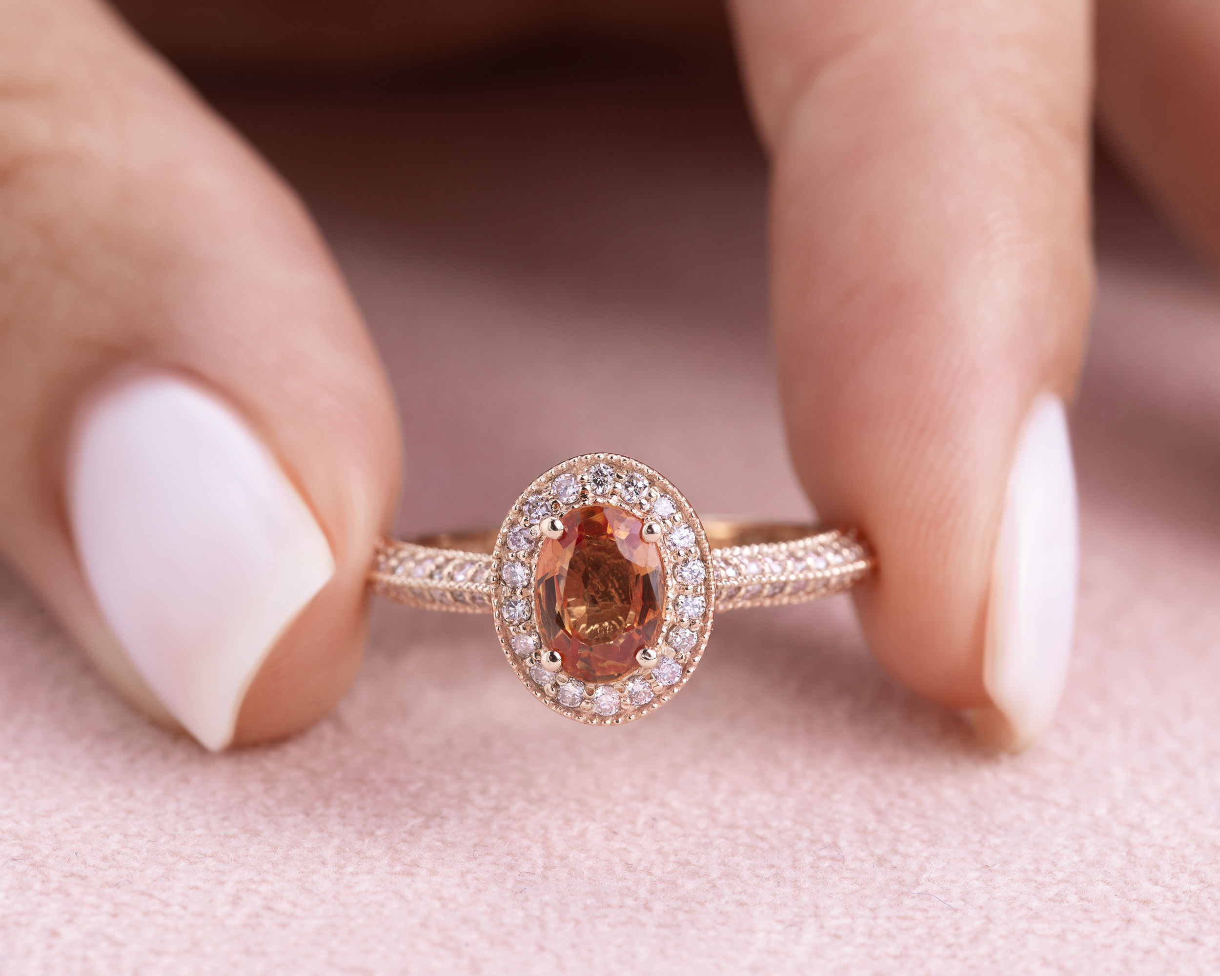 1.70 Ct Orange Sapphire & Natural Diamond Ring 14k Rose Gold Light Pink VS1-SI2