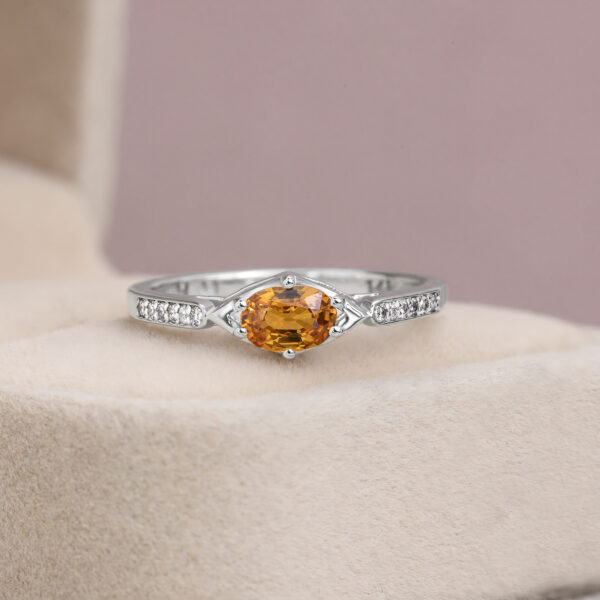 Orange Oval Sapphire & Natural Diamond Ring 0.82 Ct 14k Solid White Gold SI2-I1